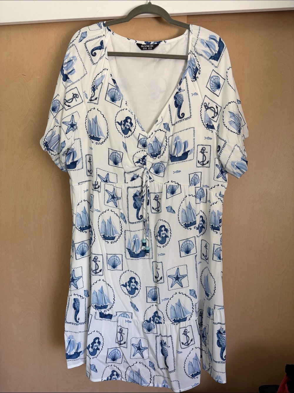 BloomChic White and Blue Nautical Print Tie-Front Dress